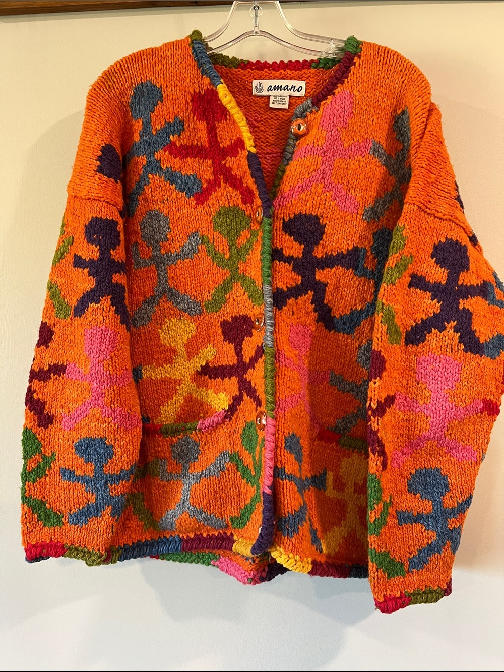 Amano - Vintage Wool Sweater, Orange Patterned Stick Figure Cardigan